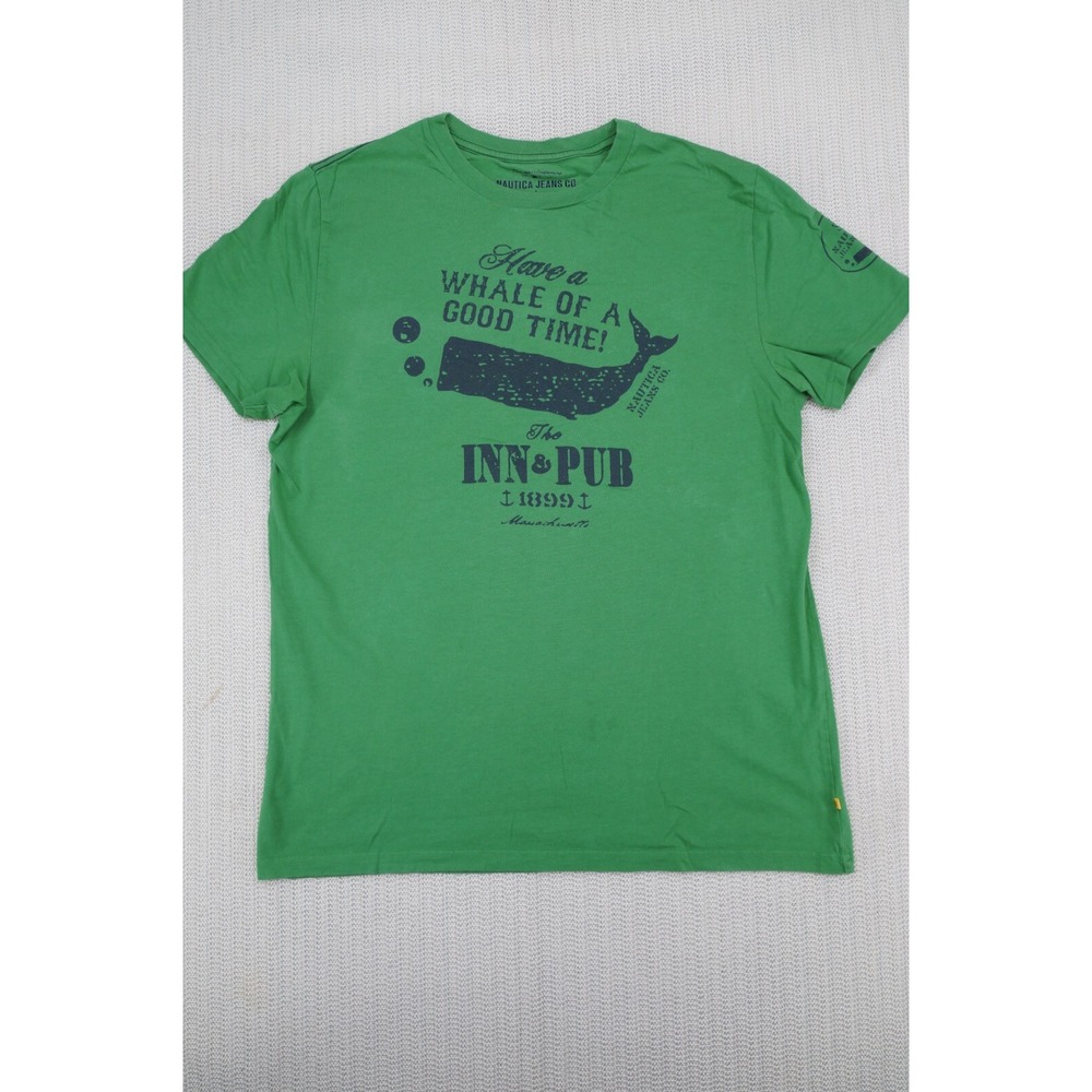 Nautica Jeans Shirt Mens Large Green Whale Logo Graphic Short Sleeve Inn Pub